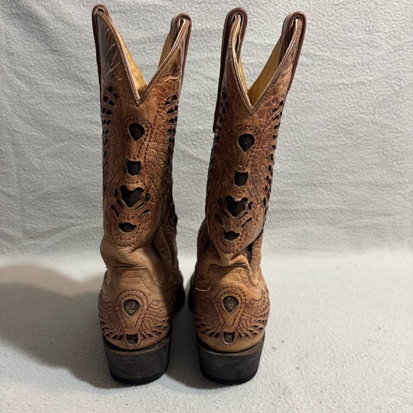 Cavenders Tan Leather Cowgirl Boots sz 7B Snip Toe Angel Wings Design made in MX - Picture 5 of 8